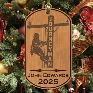 Journeyman Lineman Engraved Christmas Ornament, Personalized FREE, Great Gift, Wood Keepsake image 1