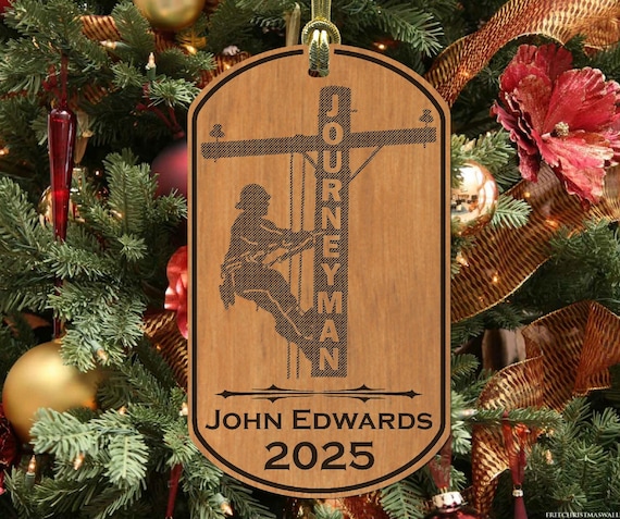 Journeyman Lineman Engraved Christmas Ornament, Personalized FREE, Great Gift, Wood Keepsake