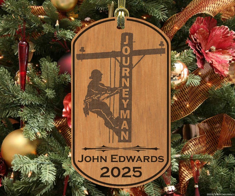 Journeyman Lineman Engraved Christmas Ornament, Personalized FREE, Great Gift, Wood Keepsake image 1