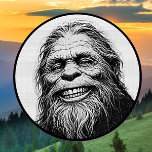 May include: Black and white illustration of a smiling Bigfoot with a thick beard and long hair. The image is set against a background of a sunset over a mountain range.