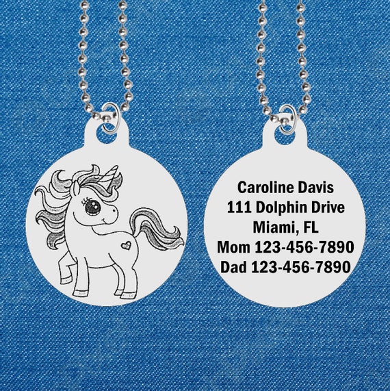 Personalized Cute UNICORN ID Necklace for Kids Personalized FREE