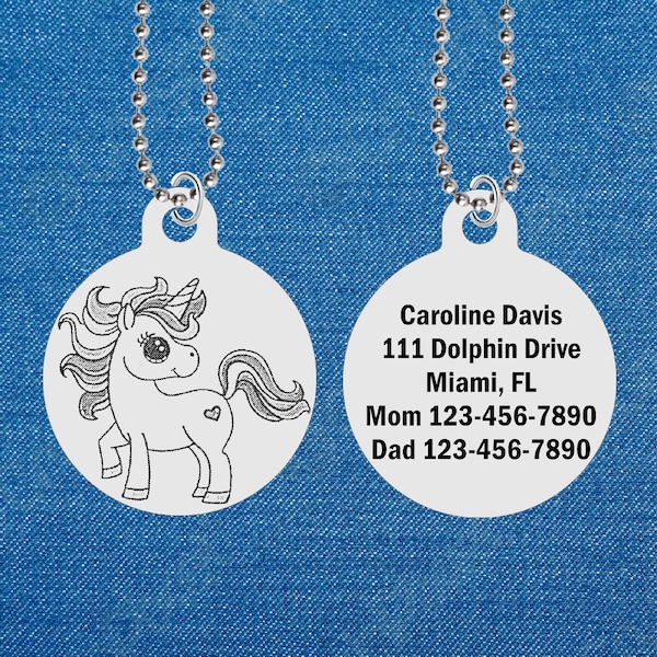 Personalized! Cute UNICORN ID Necklace for Kids, Personalized FREE with Name! Boy or Girl, Identification
