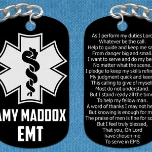 Black Metal, EMT or Paramedic Keychain with EMS Prayer, Great Gift, Personalized Free with Name and Dept.