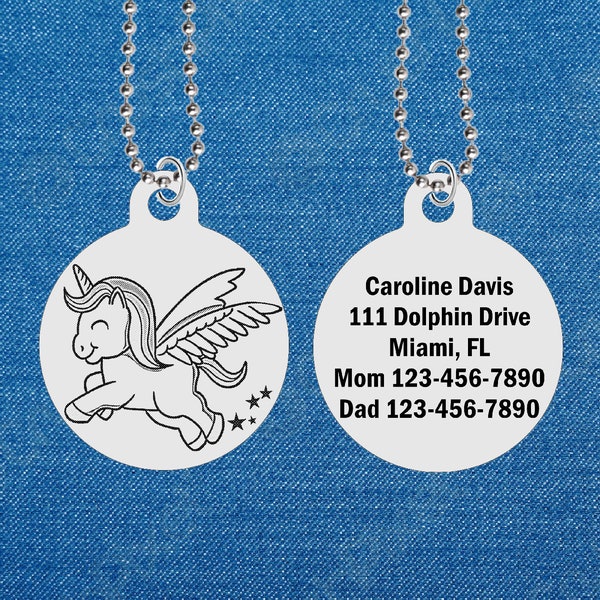 Pegasus Unicorn with stars, Personalized ID Necklace for Kids, Engraved FREE with Name! Boy or Girl, Identification