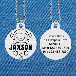 MONKEY, Personalized ID Necklace for Kids, Engraved FREE with Name! Boy or Girl, Identification, or for Autistic Child