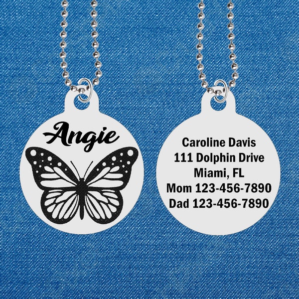 Personalized! Pretty BUTTERFLY, ID Necklace for Kids, Personalized FREE with Name! Boy or Girl, Identification