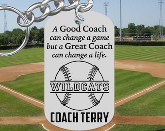 Personalized Baseball Coach Keychain, Laser Engraved Steel, Team Gift