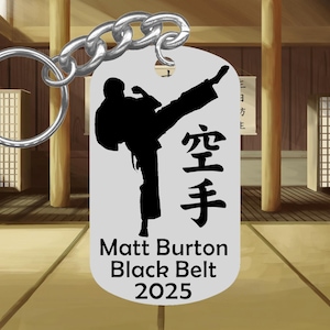 KARATE Keychain Gift, or Bag Tag, Stainless Steel, Personalized FREE w NAME, Belt Color and Year! Engraved