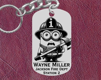 Personalized Minion Firefighter Keychain, Laser Engraved Steel Gift