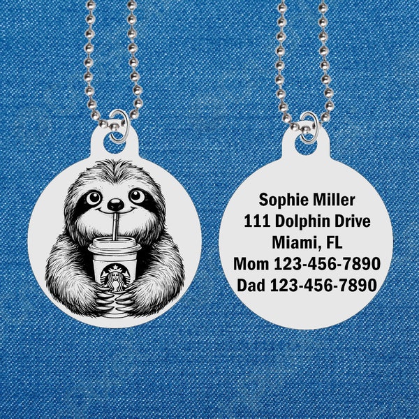 Personalized! Happy SLOTH Drinking Coffee, ID Necklace for Kids, Personalized FREE with Name! Boy or Girl, Identification