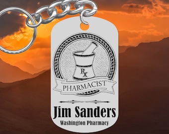 Pharmacist Engraved Steel Keychain Gift, or for Graduation, Personalized FREE with Name, Pharmacy