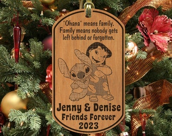 OHANA, Cute Friends or Family Christmas Ornament, Personalized w' NAMES! Laser Engraved Alderwood Best Friends BFF Friendship