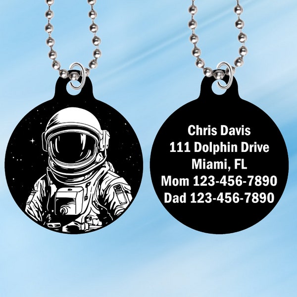 Cool Astronaut Necklace, Black, Engraved and Personalized Free. Anodized Aluminum. Chain included. Kids ID necklace