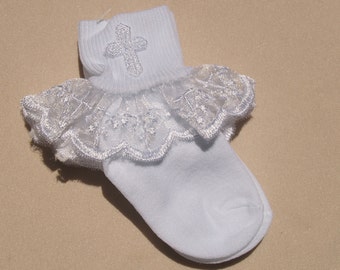 Girls White Nylon Embroidered Cross Ruffle Socks, First communion, Frilly Socks, Special Occassion Wear, White Crosses,Ruffles