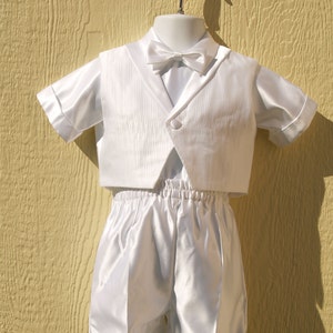 Boy&#39;s White Baptism Vest Suit with Hat, Boy&#39;s Christening Outfit,Infant Suits, White Satin Suit & Shorts, Blessing Day Wear, Striped Vest
