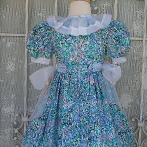 May include: A blue and white floral dress with a white lace collar and a white sash. The dress has a puffed sleeve and a full skirt.