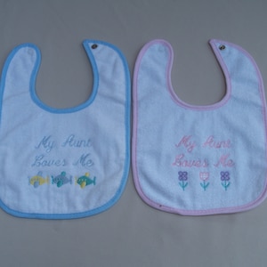 Bib My Aunt Loves Me, Blue or Pink Embroidered Bib, Boys Bib, Infant, Baby Girls Bib,Vintage Alexis Terry Bib,100% Cotton Bib,Flowers,Planes