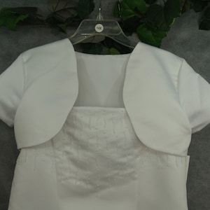 Long Floor Length Girls First Communion Dress w Bell Sleeve bolero Jacket size 10 Empire Waist A Line,Spaghtetti Adjustable White Satin