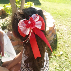 Girls RED Bow organza, pearls and satin ribbon #012 for pony tails with metal barrette.