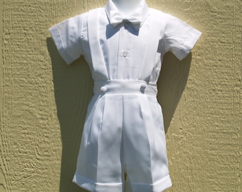 Boy's White Baptism Suit Short Pants with attached Suspenders,Sleeve Shirt Boy Christening outfit,Blessing Day suit,Ring Bearer White Outfit