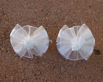 Girls White Bows pair organza ribbon and flower #029 pair of bows with small metal barrette, Small Frilly Hair Bows, Christening, Baptism