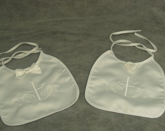 WHITE Baptism Bib Boy or Girl Satin or Cotton with Cross embroidered, Bowtie or Rose Flower, Christening Accessory, Baby Bib, White Bib