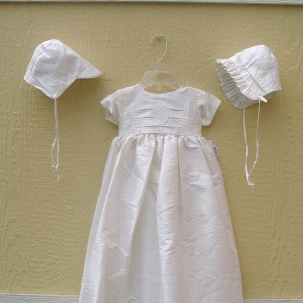 Unisex Family Style Raw Silk Long Baptism Gown, sizes 3M 6M 12M 18M Christening Gown with Boy & Girl Hats, Family Gown, Heirloom Style, Silk