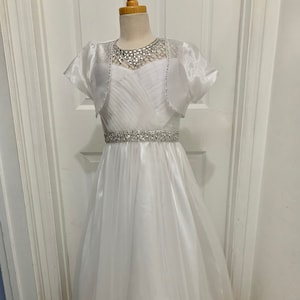 Girls Tulle First Communion Gown with Silver Beading and Bolero Jacket,Sleeveless Pleated dress,full length,Pageant Wear,Girls Size 8 & 10