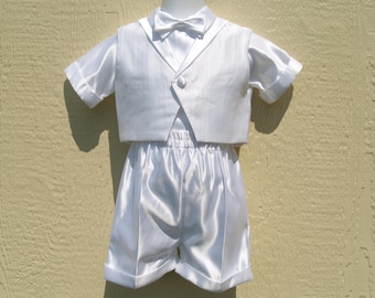 Baby Boys White Short Pants Suit & Vest w Stripes Design,Short Sleeves Shirt,Bow Tie,Hat, Baptism, Christening, Blessing Day, Pageant, Satin