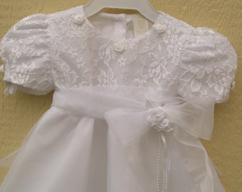 White Organza Christening Dress Size 2, Flower girl dress,Baptism white dress,Blessing Day Wear, White Rosettes, Puffy Sleeves, Lace top