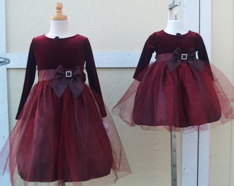 Girls Burgundy Velvet and Tulle Dress, Glitter Tulle Dress, Girls Holiday Dress, Modest Dress, Flower Girl,Thanksgiving Dress,Christmas Gown