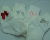 Infant Girls Fancy Cute Bow Baby Socks 3 pairs for 9.95, Silver Bow, Red, White Pink, Baby Shower Gift, Assorted Baby Socks, White Nylon