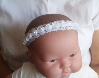 Baby Shower Gift Baby Headband,Christening Pageant Blessing Day Wear Baptism white crown flowers lace pearls Sunday Best Halo
