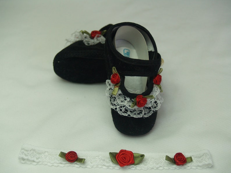 Baby Black Velvet Shoes Set w/ red handmade roses & matching Etsy