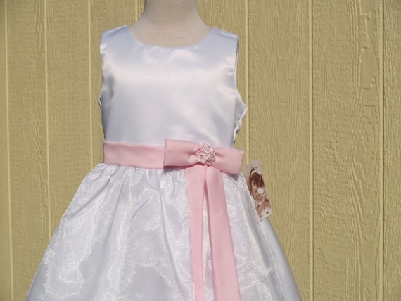 Flower girl Dress white pink attached sash, sleev… - image 1