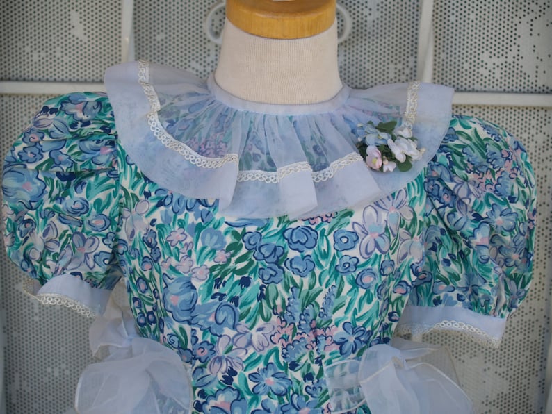May include: A light blue dress with a floral print and a large, ruffled collar. The dress has short sleeves and a white lace trim.