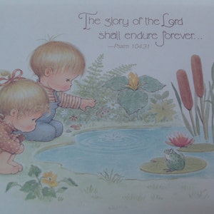 Impresión vintage enmarcada Salmo 104 verso niños colores pastel, Niños en el estanque