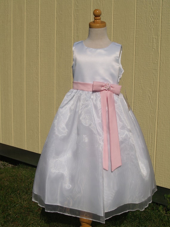 Flower girl Dress white pink attached sash, sleev… - image 4