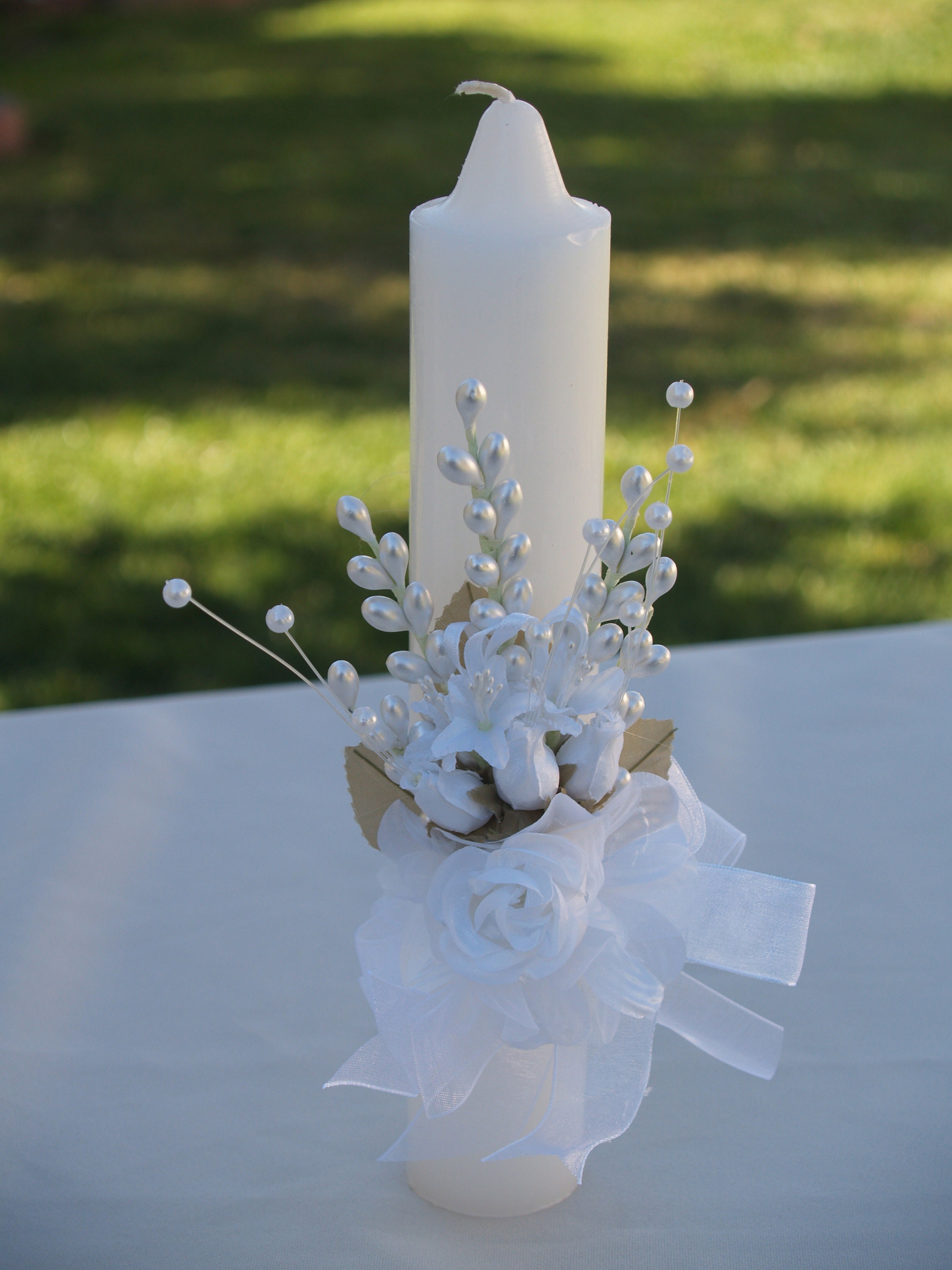 Vela De Comunión Con Protector Antigoteo - Blanco, Con Lazo Y Perlas Para Bautizos/Bodas