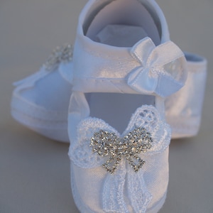 Baptism Mary janes Shoes girls white pearls trim  for Baptism baby girl shoes, Rhinestone Bow Baby Shoes, White Soft Crib Shoes, Satin Shoes