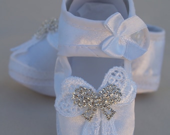 Baptism Mary janes Shoes girls white pearls trim  for Baptism baby girl shoes, Rhinestone Bow Baby Shoes, White Soft Crib Shoes, Satin Shoes