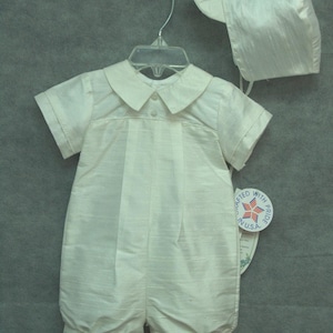 Boy Baptism Ivory Silk Romper with Hat, Off white Natural color, Made in USA, Boys 1 piece Short Romper, Jumpsuit,Christening Outfit,Pageant