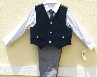 Boy's Blue Vest & Slacks 4 Piece Suit, Vintage Suede like Vest, Slacks, Blue Striped Button Down Shirt, Holiday, Wedding