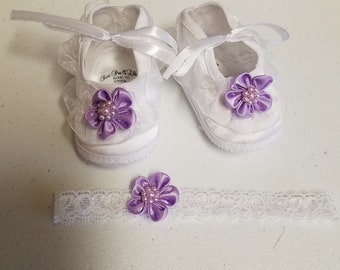 Baby Purple Shoes and hair lace band Set  Lavender Pink and more colors, Purple Booties Crib Shoes, Soft Sole Fabric Shoes, Lace