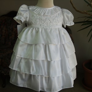 Lace and Ruffles Baptismal Satin Dress Size 12M, Embroidered lace, Short Puffy Sleeve, Matching Bonnet, Frilly Christening Gown