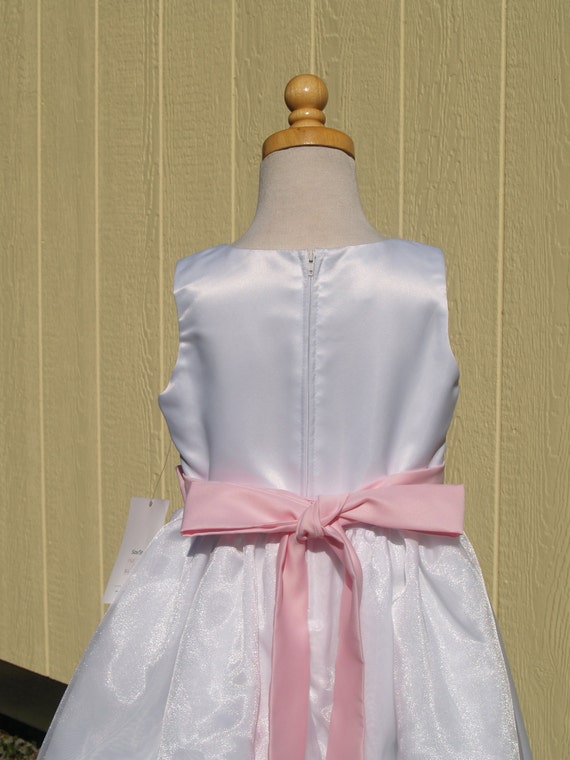 Flower girl Dress white pink attached sash, sleev… - image 5