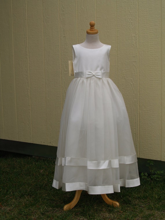 Vintage Eden Bridals Ivory flower Girl Dress Size 6 full length,Satin Bodice,Sleeveless, Organza Skirt,Pageant Gown,Communion, Satin Stripe
