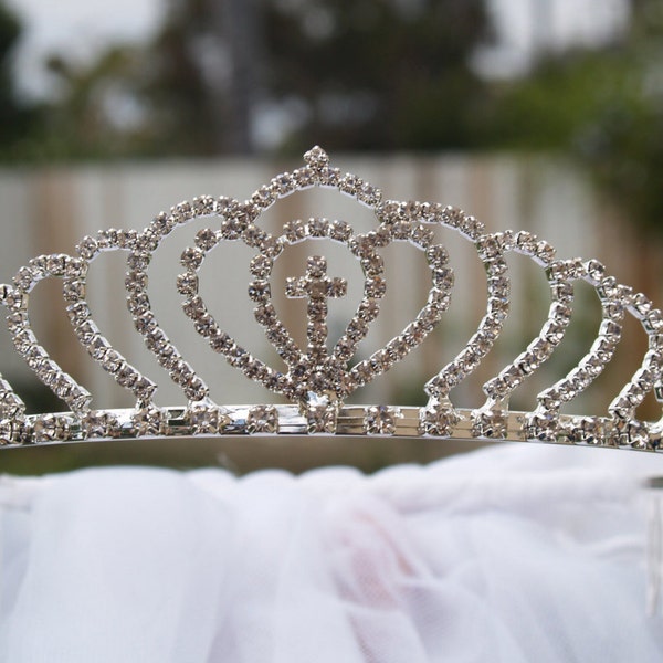 White First Communion Veil w Tiara, Silver Rhinestone Crystals Tiara w Cross, Satin Ribbon Bow, Tulle Veil, Tiara, Garland, Head Piece