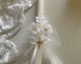 WHITE BAPTISM Candle for ceremony white  blue  or pink Flowers, Candle with Blue White or Pink Flowers  Unisex Candle, Ceremony, Christening