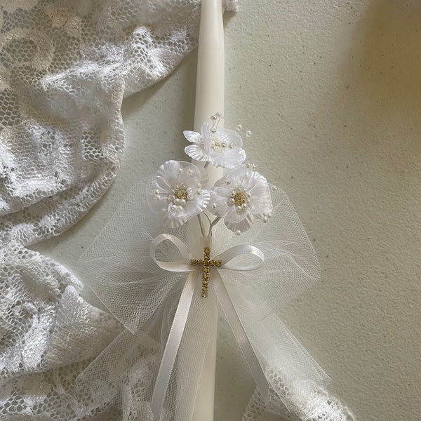 WHITE BAPTISM Candle for ceremony white  blue  or pink Flowers, Candle with Blue White or Pink Flowers  Unisex Candle, Ceremony, Christening